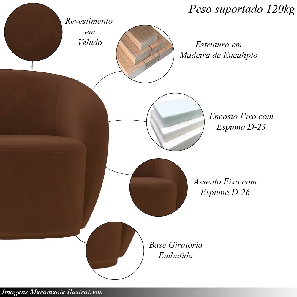 Conjunto 1 Sofá Living 160cm e 1 Poltrona Decorativa Sala de Estar Íbis Encosto Fixo Veludo Marrom G33 - Gran Belo