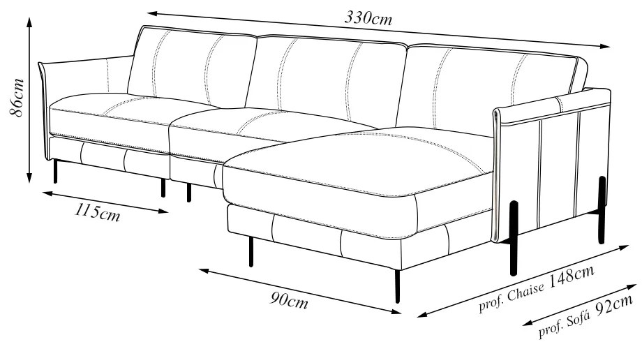 Sofá Decorativo Karine 5 Lugares Sala de estar 330cm com Chaise Pés em Aço Couro Marrom Chocolate G88 - Gran Belo