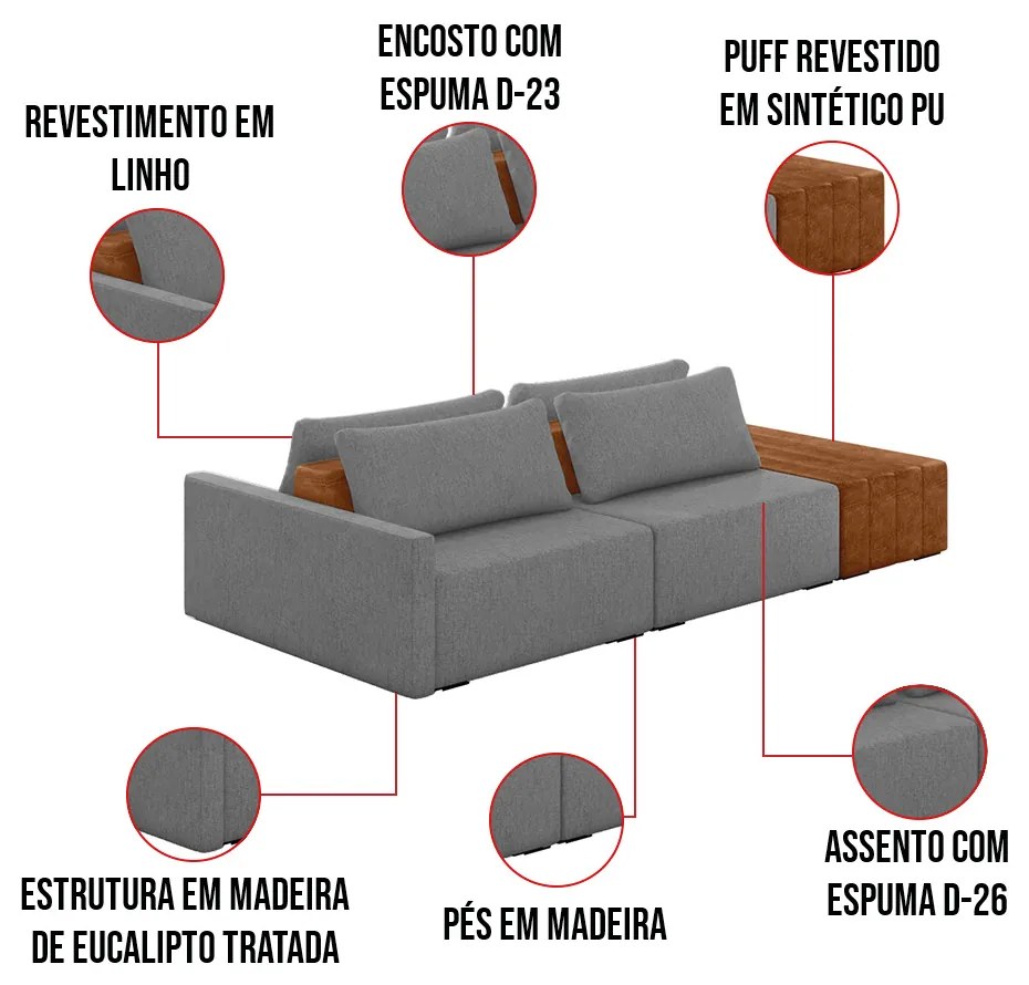 Sofá Ilha 2 Lugares Living 292cm Modulado para Sala Lary Linho Grafite K01 - D'Rossi