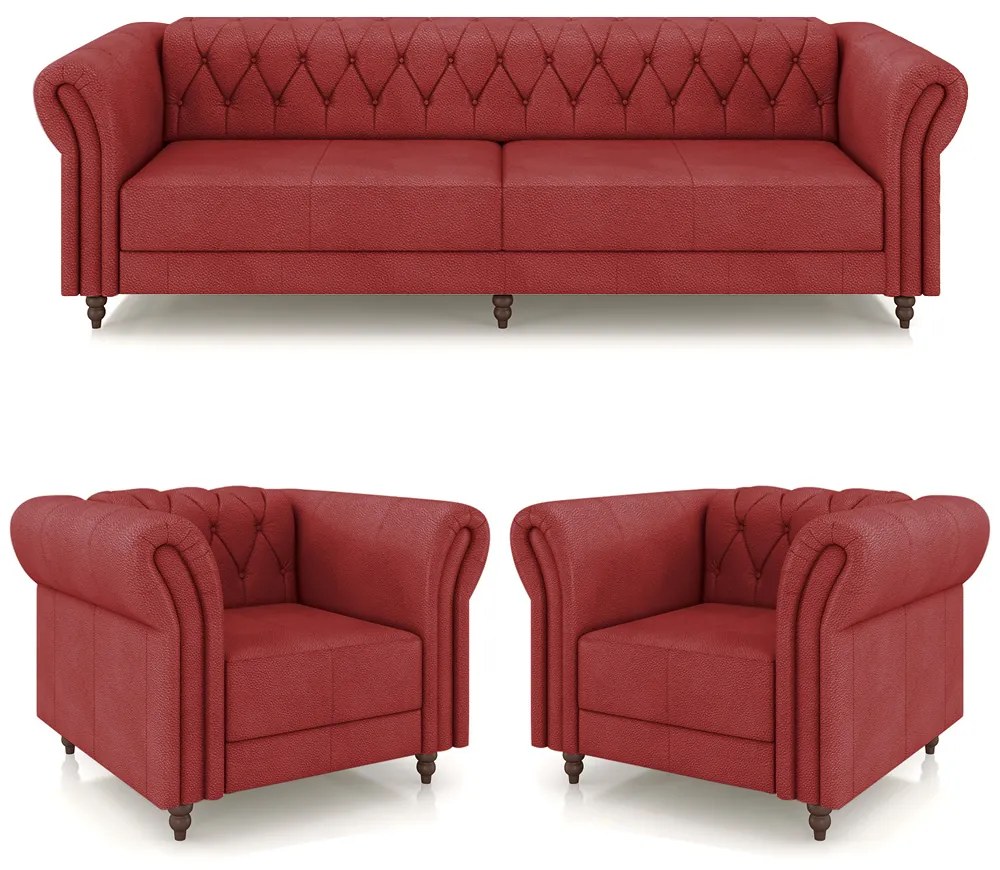 Conjunto Sala de Estar 1 Sofá Living 260cm e 2 Poltronas Stanford Chesterfield Pés Madeira Couro Vermelho G58 - Gran Belo