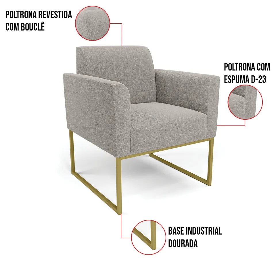 Namoradeira e 2 Poltronas Industrial Dourado Marisa Bouclê Cinza D03 - D'Rossi