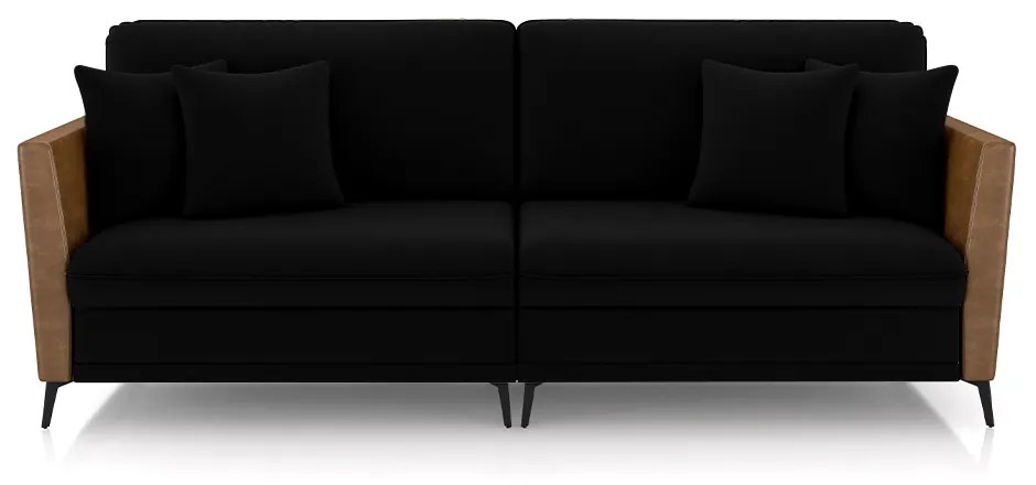 Sofá Living Decorativo Zagreb 2 Lugares 182cm com Almofadas Pés de Ferro Veludo/PU Preto/Caramelo G33 - Gran Belo