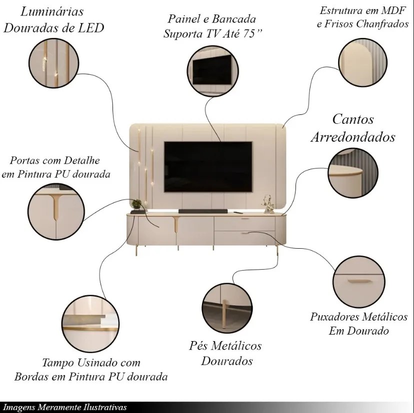 Painel com Bancada 241cm Avatar com Detalhes Dourados e LED para TV Até 75 Off White G18 - Gran Belo