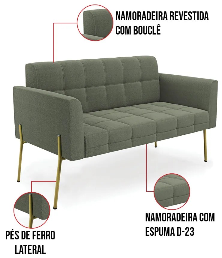 Namoradeira e 2 Poltronas Pé de Ferro Dourado Elisa Bouclê D03 - D'Rossi - Menta