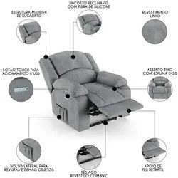 Poltrona do Papai Reclinável Pietra Elétrica LED FH9 Linho Cinza - Mpo