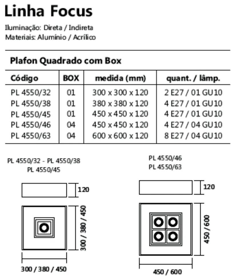 Plafon De Sobrepor Quadrado Focus C/ 04 Box 45X45X12Cm 4L E27 / 4L Gu1... (AV-M - Avelã Metálico)