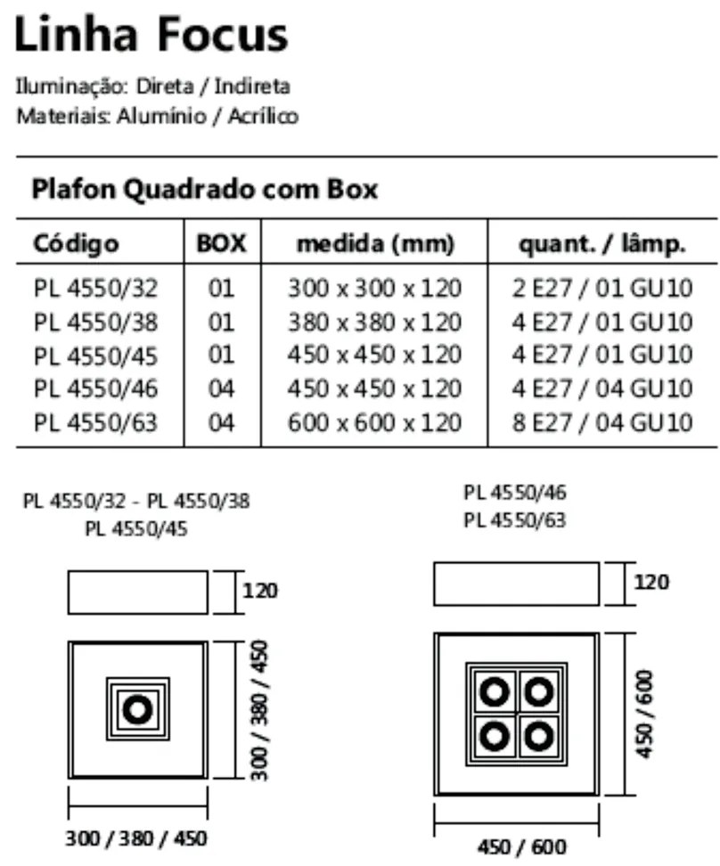 Plafon De Sobrepor Quadrado Focus C/ 04 Box 45X45X12Cm 4L E27 / 4L Gu1... (FN-F - Fendi Fosco)