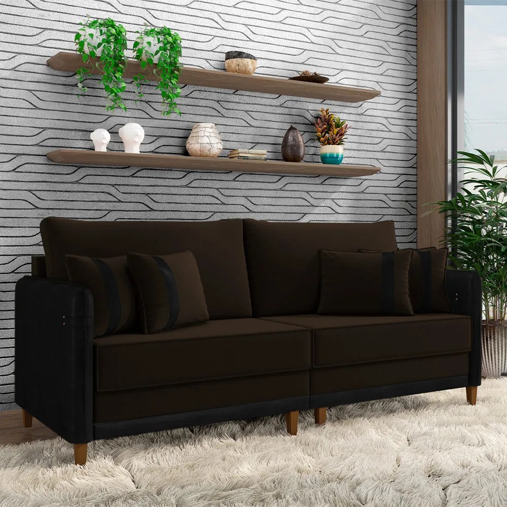 Sofá Living Montecarlo 3 Lugares Bipartido 252cm Pés em Madeira Veludo/PU Marrom/Preto G33 - Gran Belo