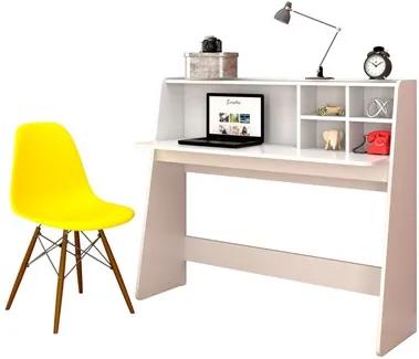 Mesa para Computador Escrivaninha Idealle Branco e Cadeira Charles Amarela - Mpozenato