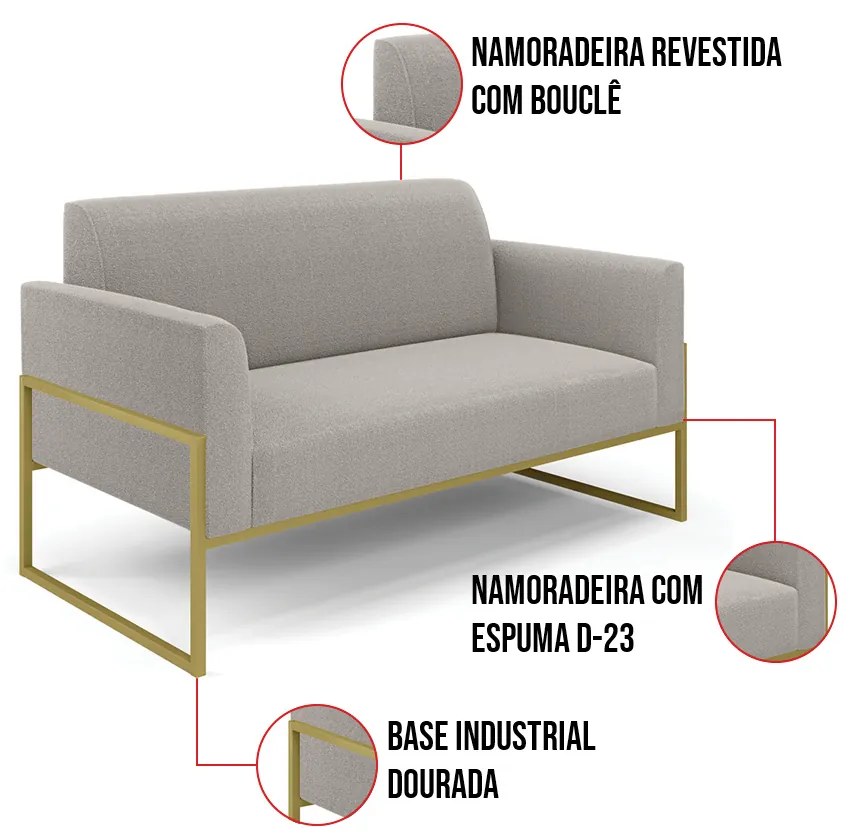 Namoradeira e 2 Poltronas Industrial Alta Dourado Marisa Bouclê Cinza D03 - D'Rossi