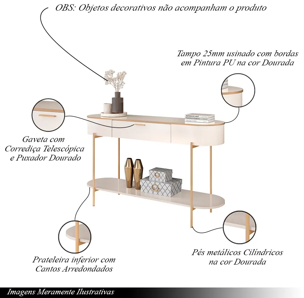 Conjunto Aparador Decorativo Amanda 1 Gaveta e Mesa de Centro Bento 1 Gaveta Pés Metálicos Dourados Off White G18 - Gran Belo