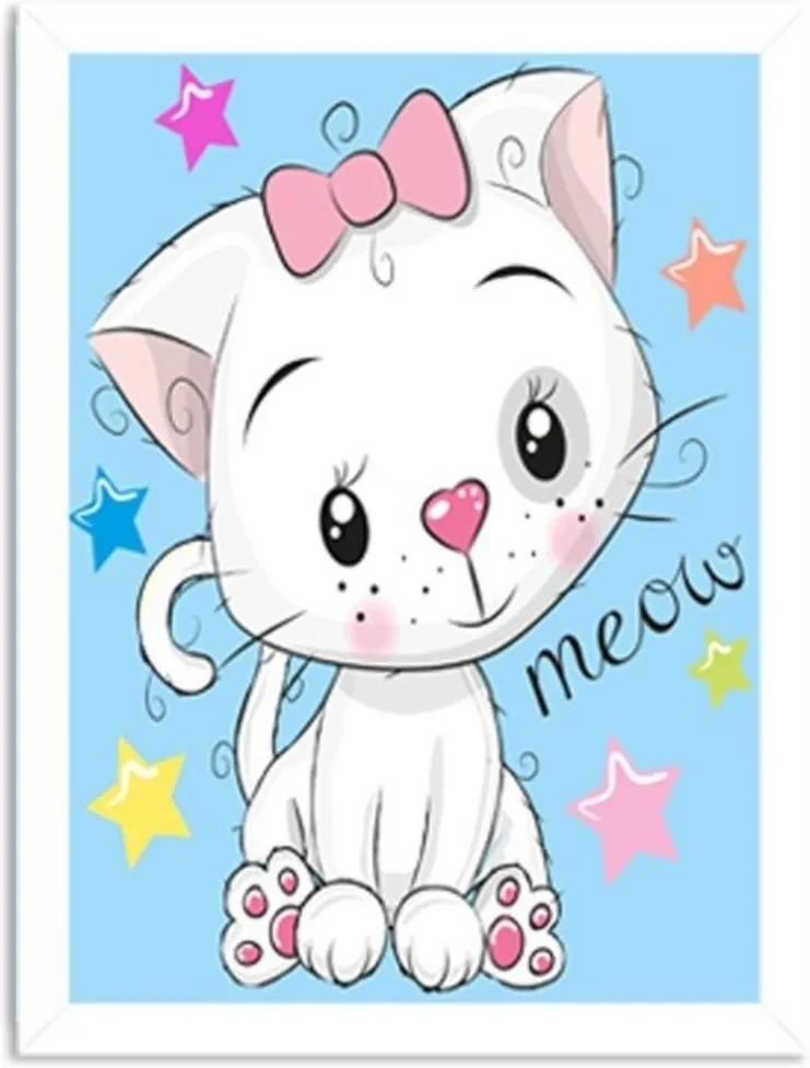 Quadro Decorativo Infantil Gatinho Meow Branco - Grande