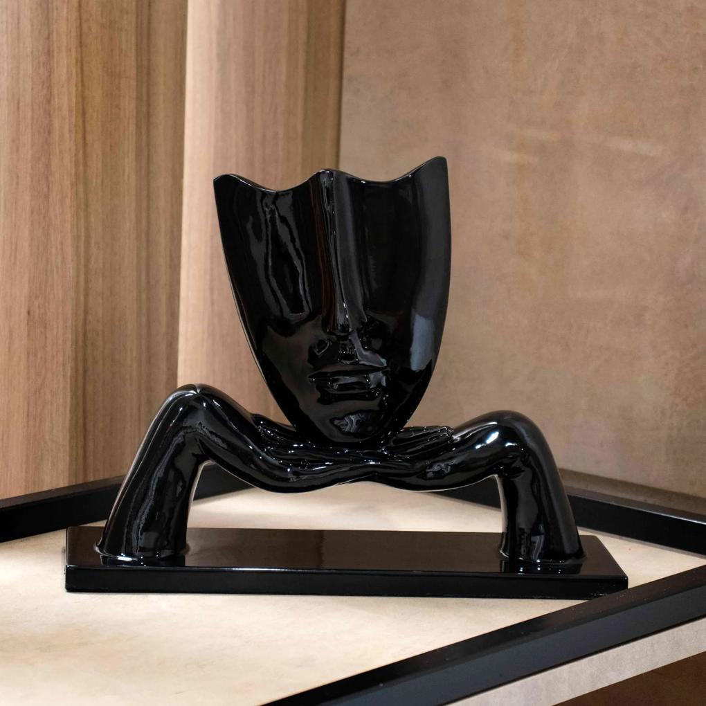 Escultura Máscara com Base Descanso em Cerâmica Preto 23x30 cm - D'Rossi