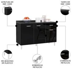 Balcão Cozinha Pia 120cm com Tampo Classic P11 Preto/Marmore - Mpozena