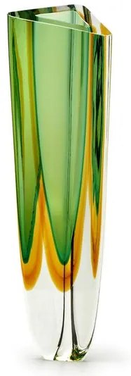 Vaso Triangular nº 1 Bicolor Verde com Âmbar Murano Cristais Cadoro