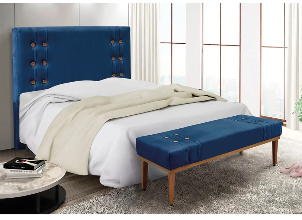 Cabeceira Cama Box Casal 140cm e Recamier Gênova Suede Azul Marinho S04 - D'Rossi