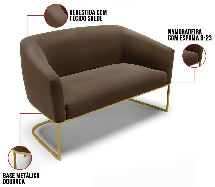 Sofá 2 Lugares Namoradeira Industrial Dourado Stella Suede Marrom D03 - D'Rossi