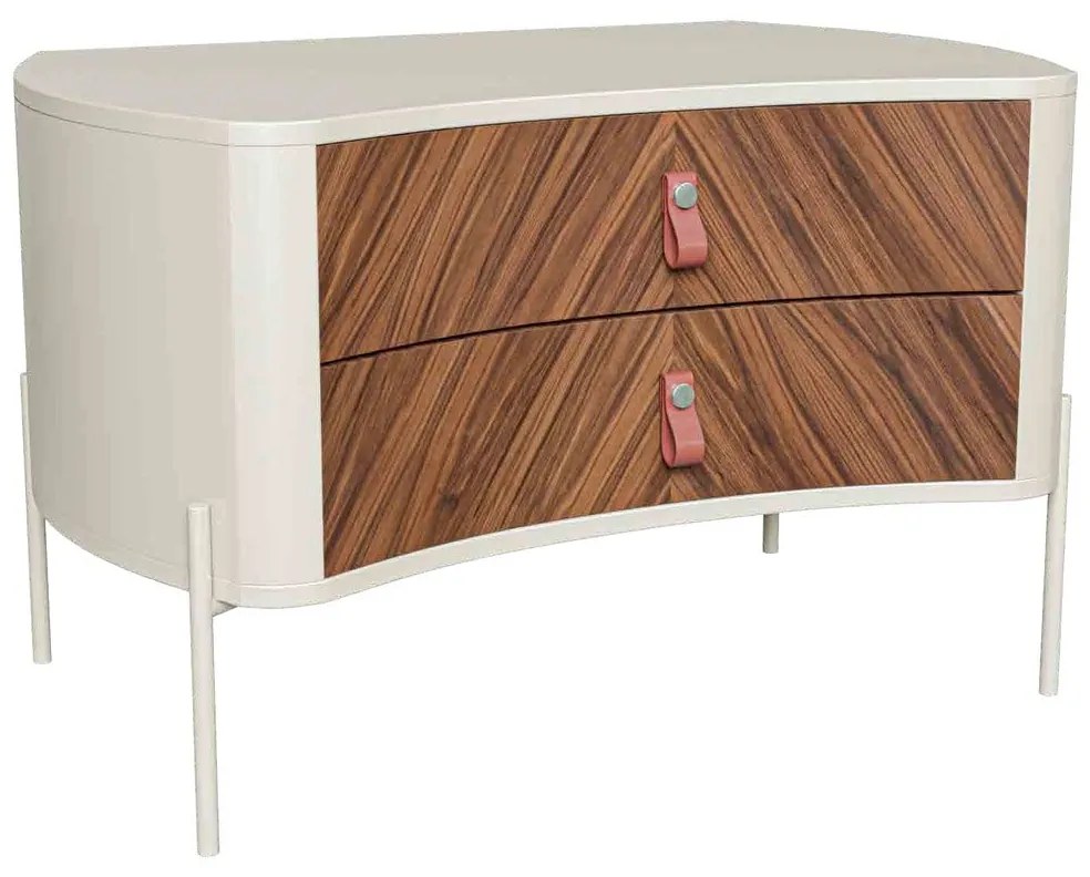 Mesa de Cabeceira Áquila 2 Gavetas Detalhes com Marchetaria e Puxadores Couro Acabamento com Pintura Laca Pés em Metal