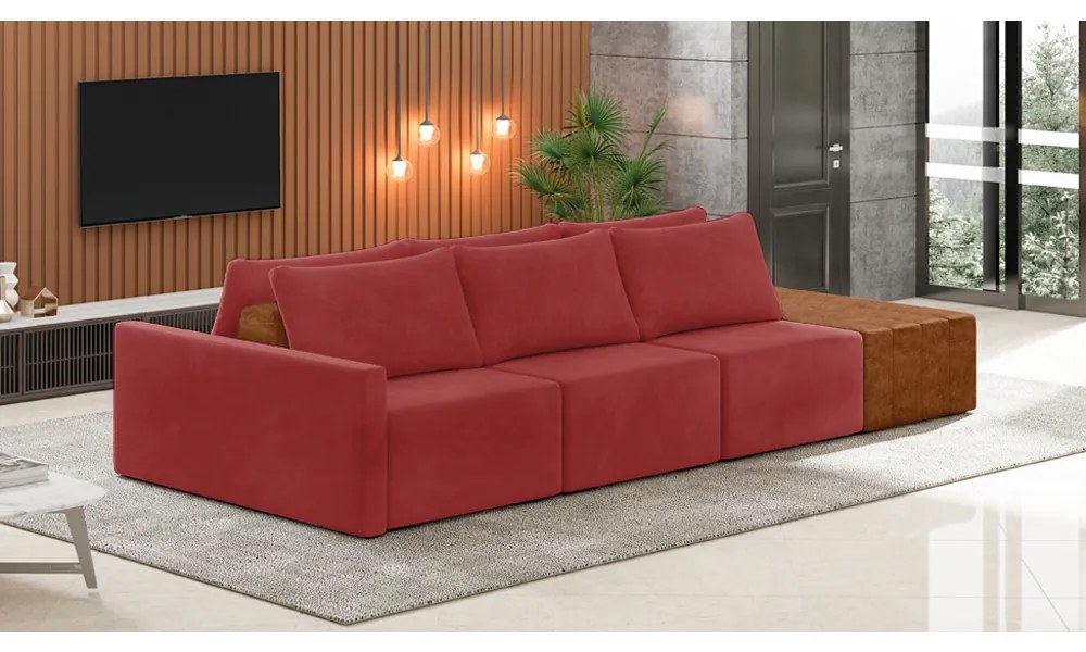 Sofá Ilha 3 Lugares Living 342cm Modulado para Sala Lary Veludo Vermelho K01 - D'Rossi