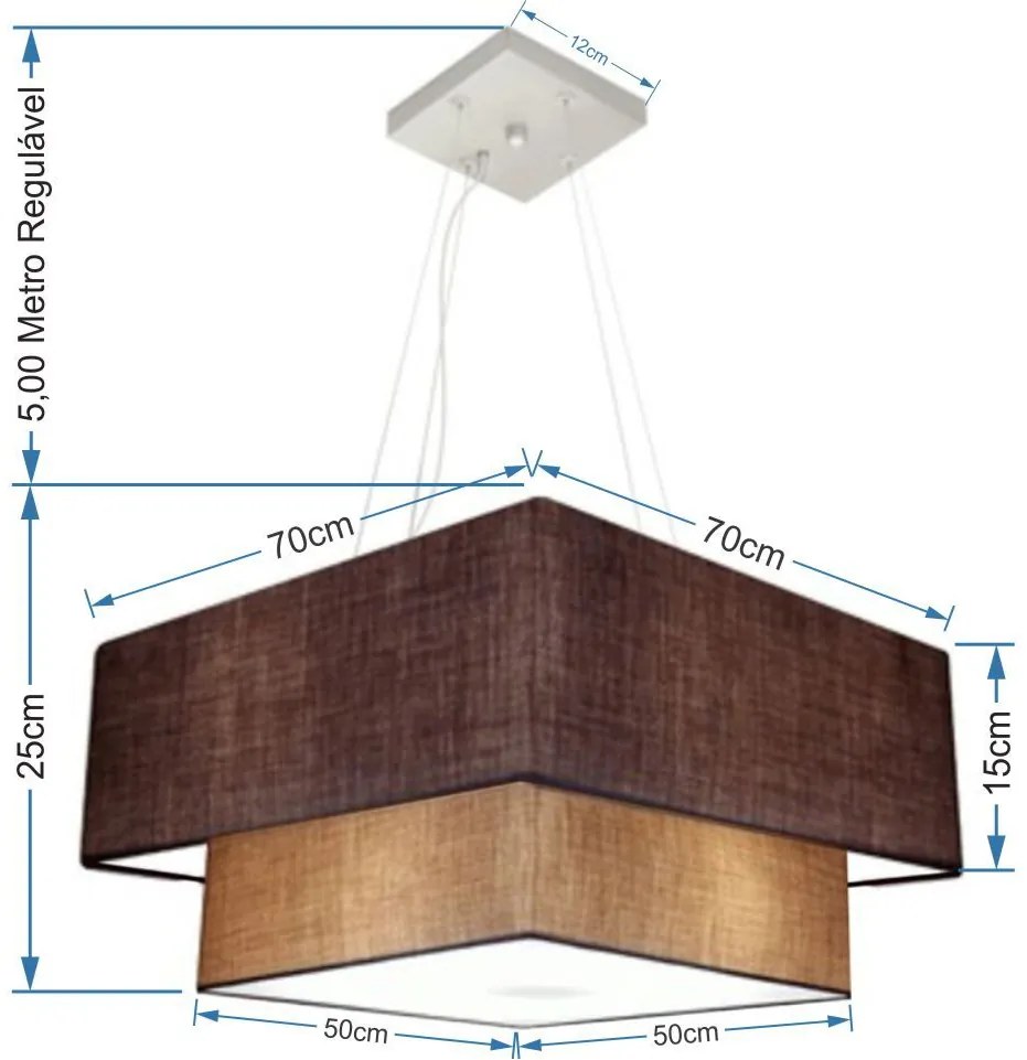 Lustre Pendente Duplo Quadrado Vivare Md-4083 Cúpula em Tecido 70x50cm - Bivolt - Café-Palha - 110V/220V