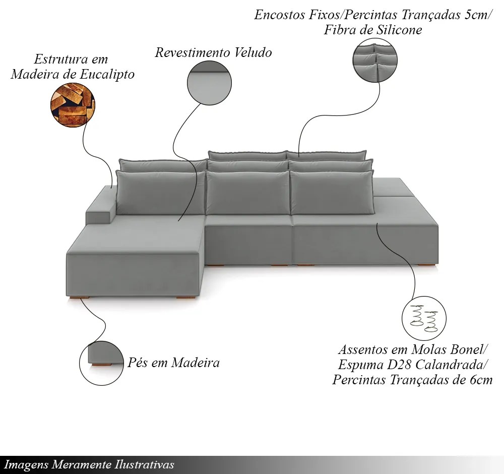 Sofá Ilha com Encosto e Almofadas Delta 415cm Modulado Chaise e Puffs Veludo Cinza G52 - Gran Belo