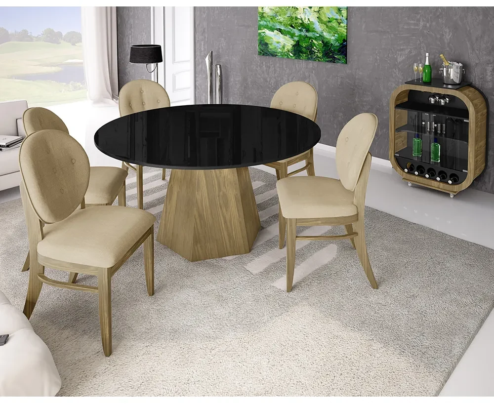 Conjunto Sala de Jantar Mesa Bonnie com 6 Cadeiras Medalhão Palha - Wood  Prime 38716