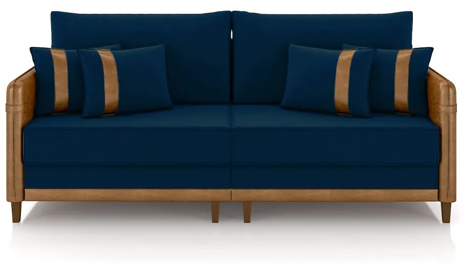 Sofá Living Montecarlo 3 Lugares Bipartido 252cm Pés em Madeira Veludo/PU Azul/Caramelo G33 - Gran Belo