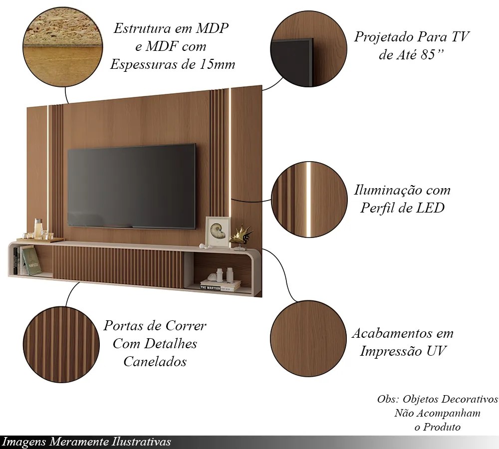 Home Suspenso Decorativo Rennes MDF/MDP c/LED para TV até 85 Polegadas Castanho/Off White G26 - Gran Belo