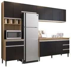 Cozinha Modulada 4 Peças Balcão com Tampo 160cm Andréia Amêndoa/Preto