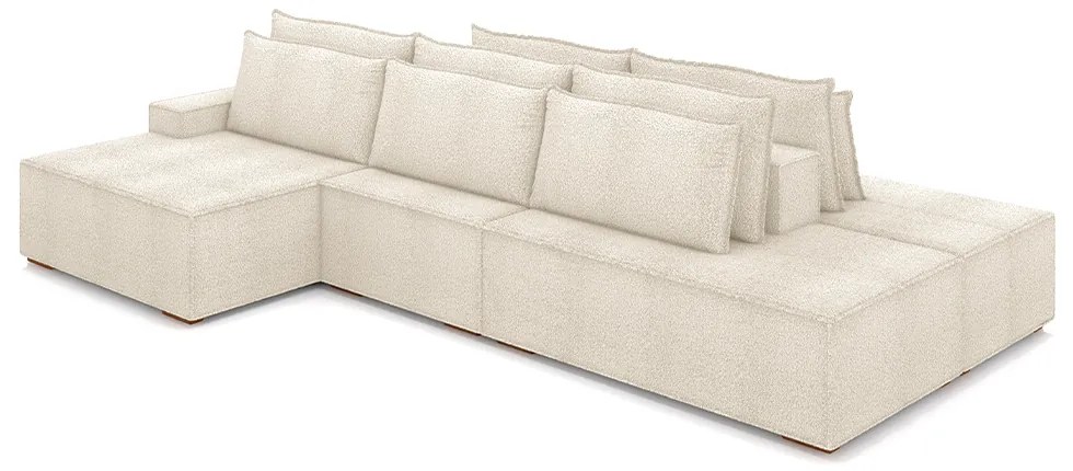 Sofá Ilha com Encosto e Almofadas Delta 375cm Modulado Chaise e Puffs Bouclê Bege G52 - Gran Belo