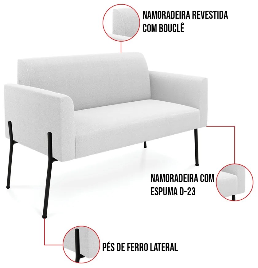 Namoradeira e 2 Poltronas Pé Ferro Preto Marisa Bouclê Off White D03 - D'Rossi