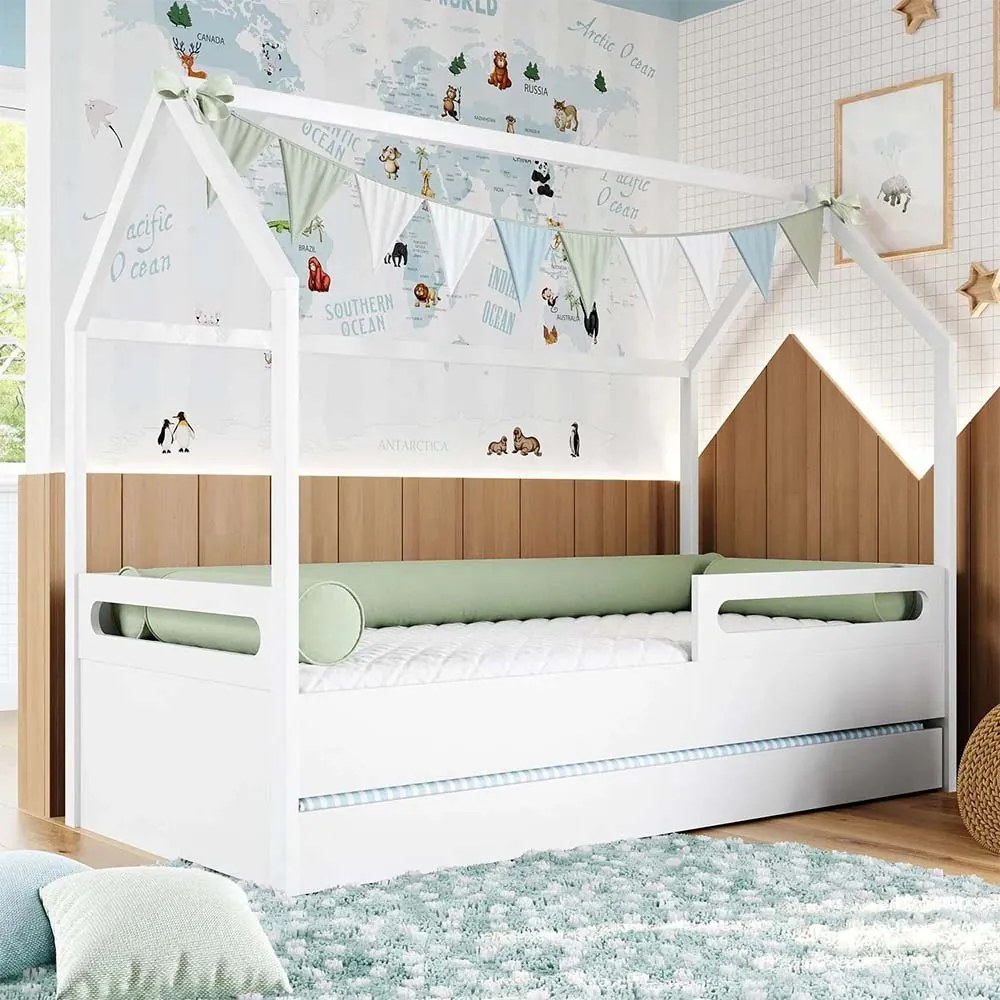 Cama Montessoriana Tivoli com Casinha e Grades de proteção com Cama Auxiliar - Branco