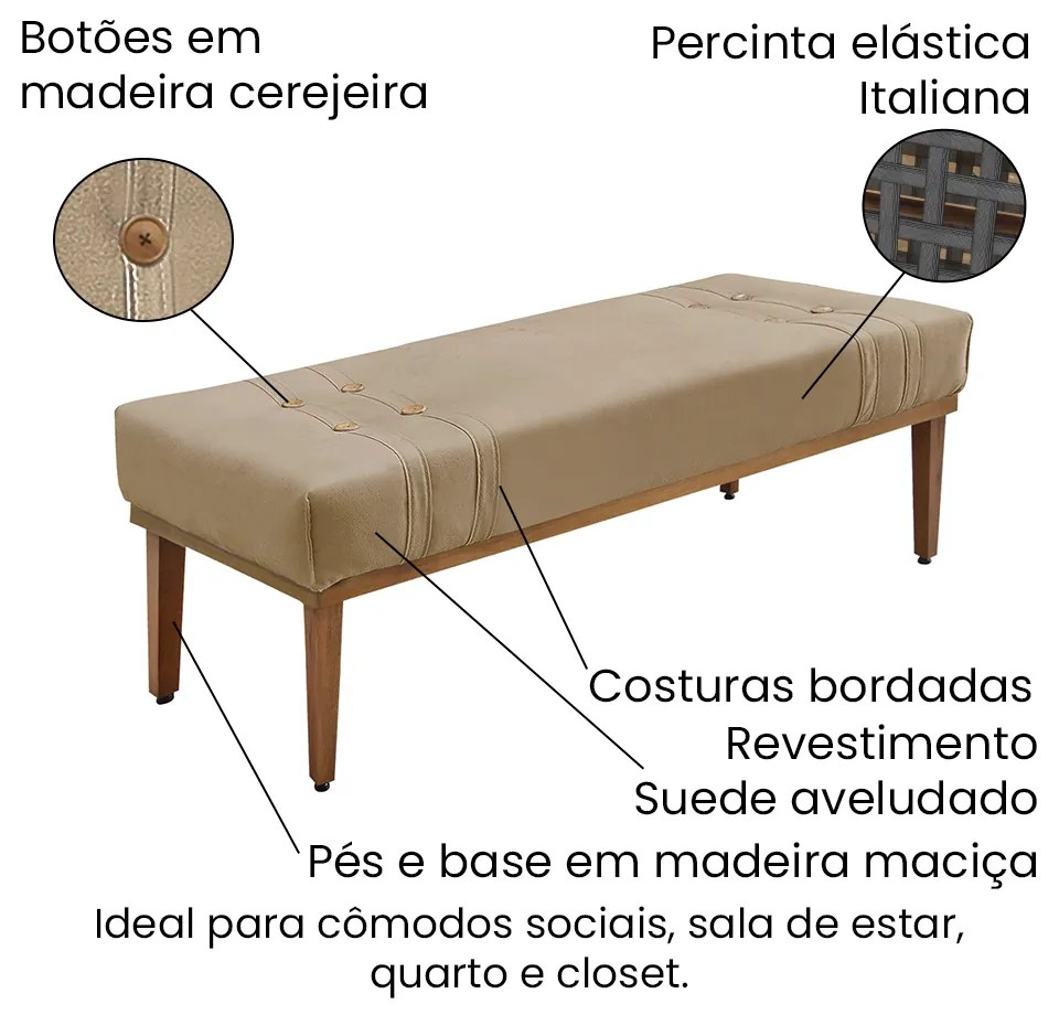 Divã Recamier Banco Base Madeira para Quarto Gênova 160cm Suede Bege S04 - D'Rossi