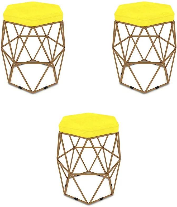 Kit 3 Puffs Aramado Hexagonal Base de Ferro Cobre Suede Amarelo - Sheep Estofados - Amarelo