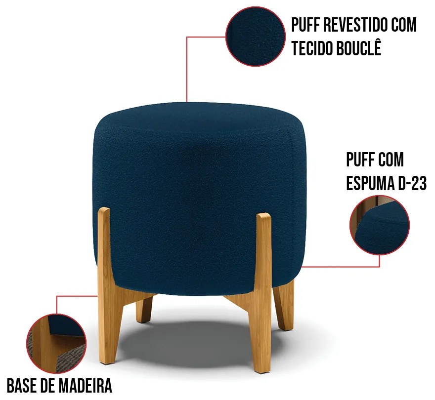 Poltrona e Puff Decorativo Base Madeira Stella Bouclê P01 - D'Rossi - Azul