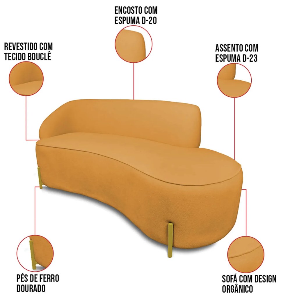 Sofá 2 Lugares Orgânico 140cm Pé Dourado Morgan Bouclê D03 - D'Rossi - Mostarda