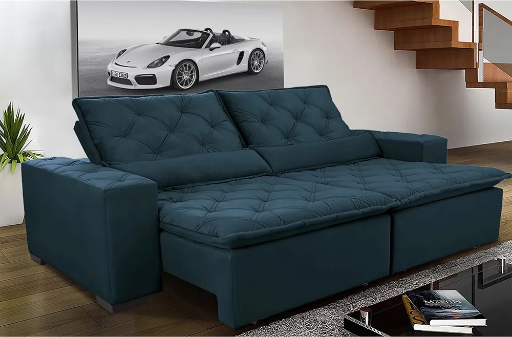 Sofá Magnum 2,22m Retrátil, Reclinável Com Molas No Assento E Almofadas Lombar Tecido Suede Velusoft Azul - Cama Inbox
