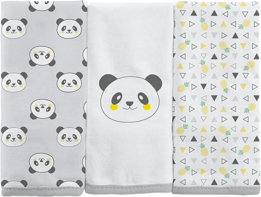 Toalha De Boca Estampada Panda Cinza Bambi Kit 3 Pçs Multicoloriodo