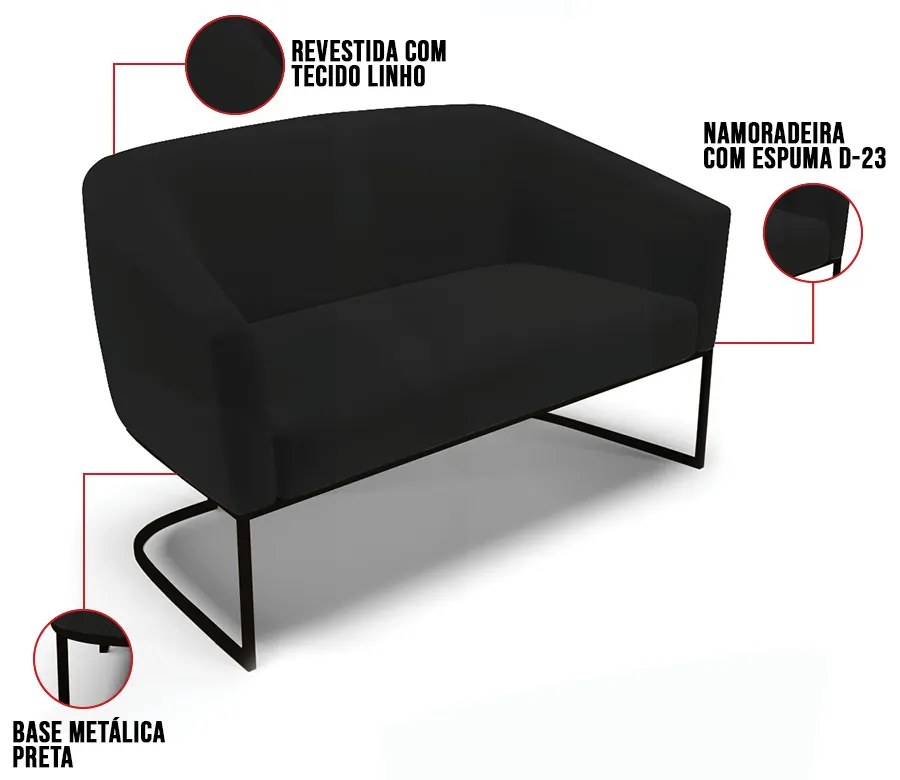 Sofá 2 Lugares Namoradeira Industrial Preto Stella Linho D03 - D'Rossi - A79 Preto
