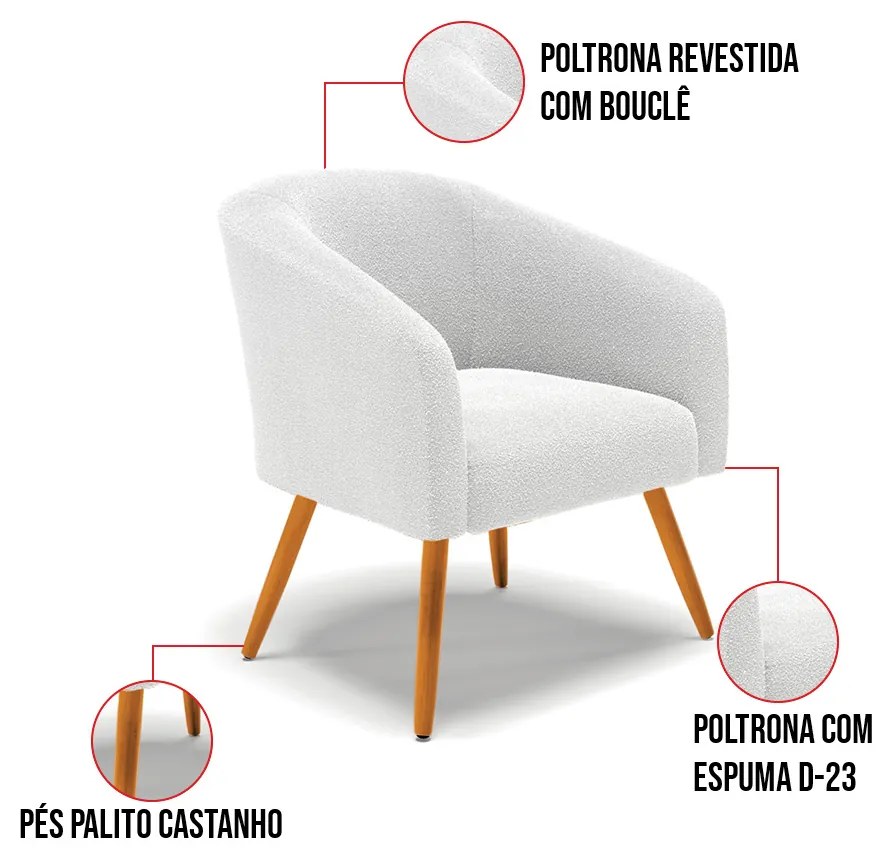 Namoradeira e 2 Poltronas Pé Palito Castanho Stella Bouclê D03 - D'Rossi - Off White