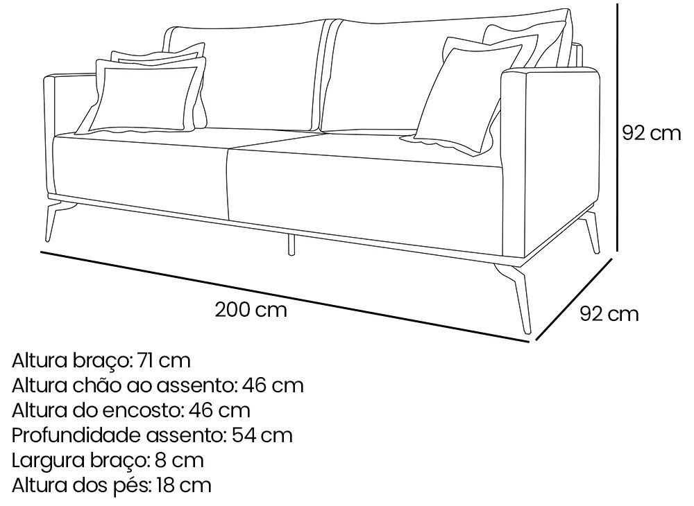 Sofá 3 Lugares Pé de Ferro Preto Rafaela 200 cm Linho Dourado S04 - D'Rossi