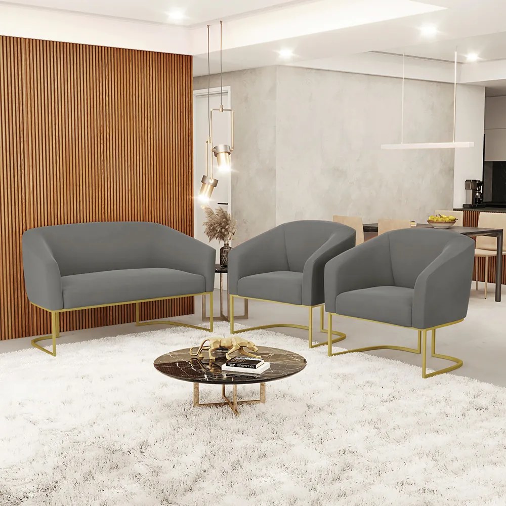 Namoradeira e 2 Poltronas Industrial Dourado Stella Suede Grafite D03 - D'Rossi