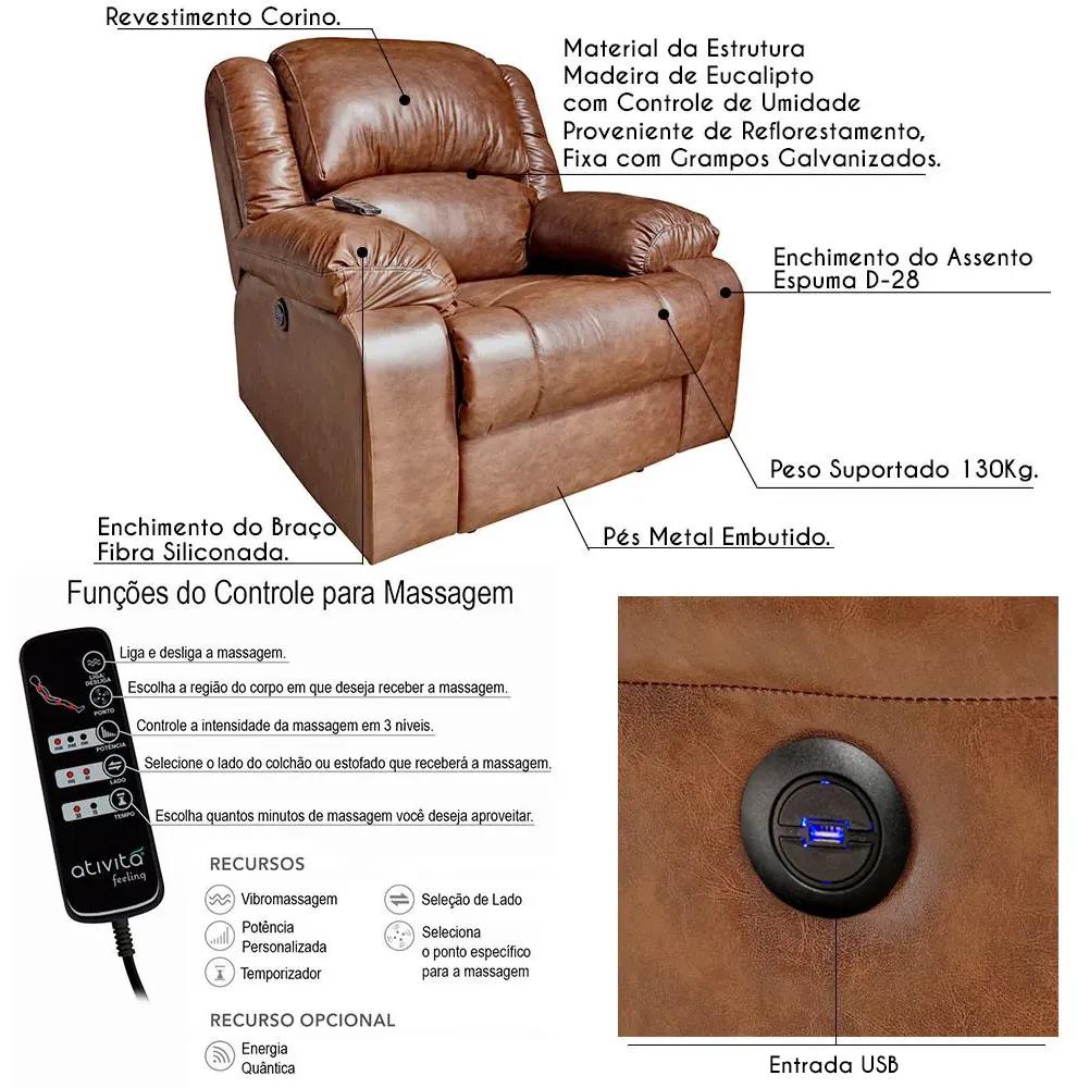 Poltrona do Papai Reclinável Elétrica com Massagem e USB Magnum PU Sintético Marrom G23 - Gran Belo