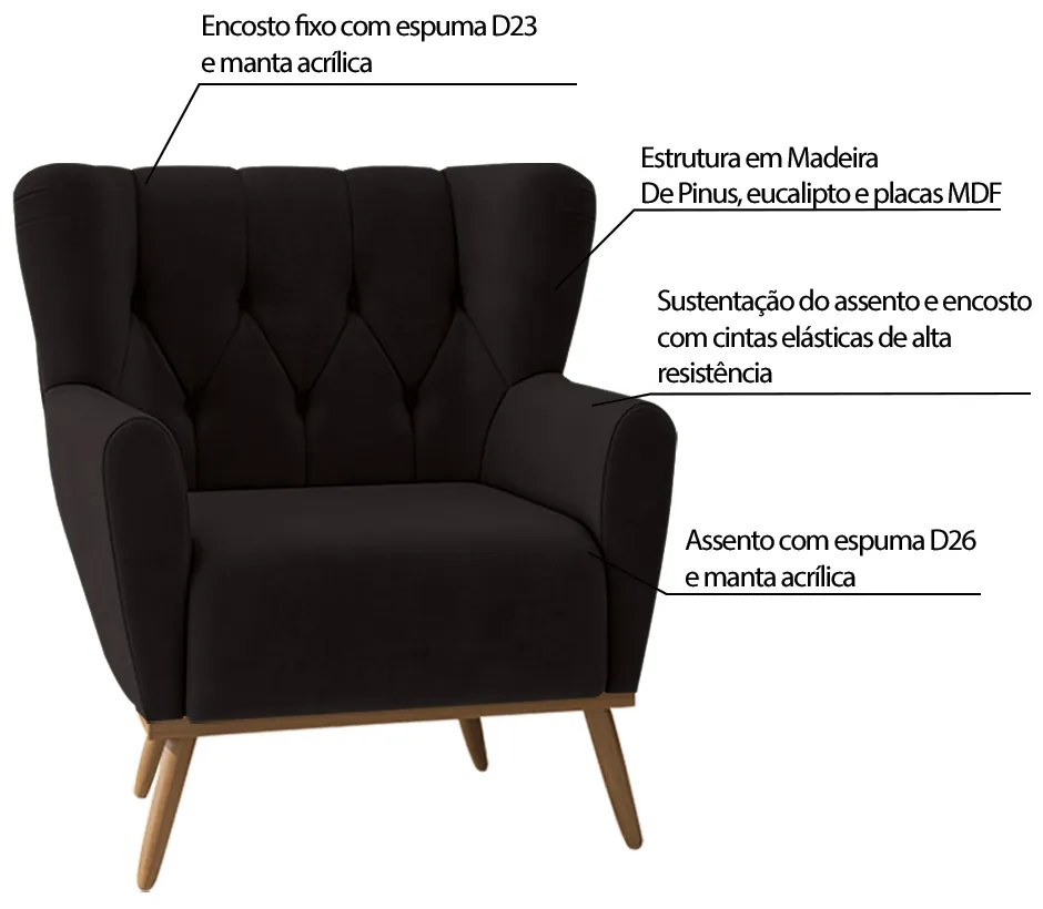 Kit 2 Poltronas Decorativas Pés Madeira Eivissa Veludo Preto G45 - Gran Belo