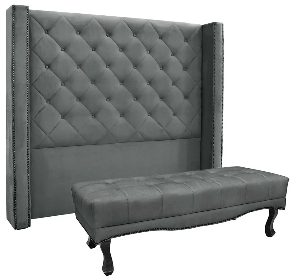 Cabeceira Cama Box Casal 140cm e Recamier Vicenza Veludo Cinza S04 - D'Rossi