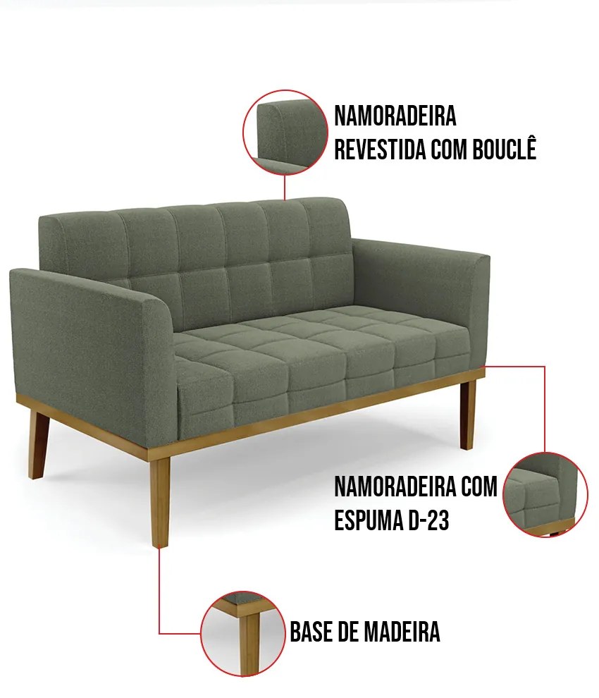 Sofá Namoradeira Base Madeira Fixa Castanho Elisa Bouclê Menta D03 - D'Rossi