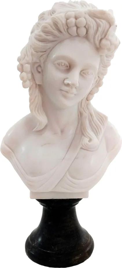 Busto Dama em Mármore Branco com Base Preta - 29x16x10cm