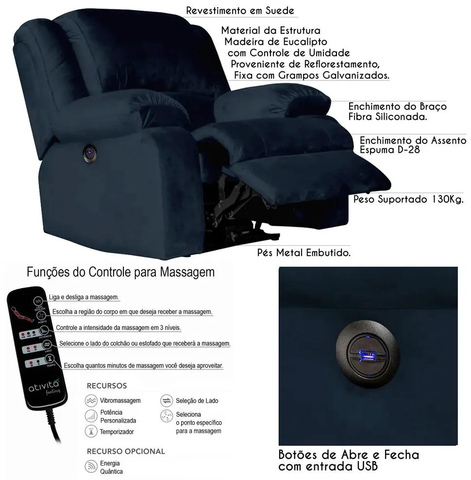 Poltrona do Papai Reclinável Elétrica com Massagem e USB Magnum Veludo Azul Clássico G23 - Gran Belo