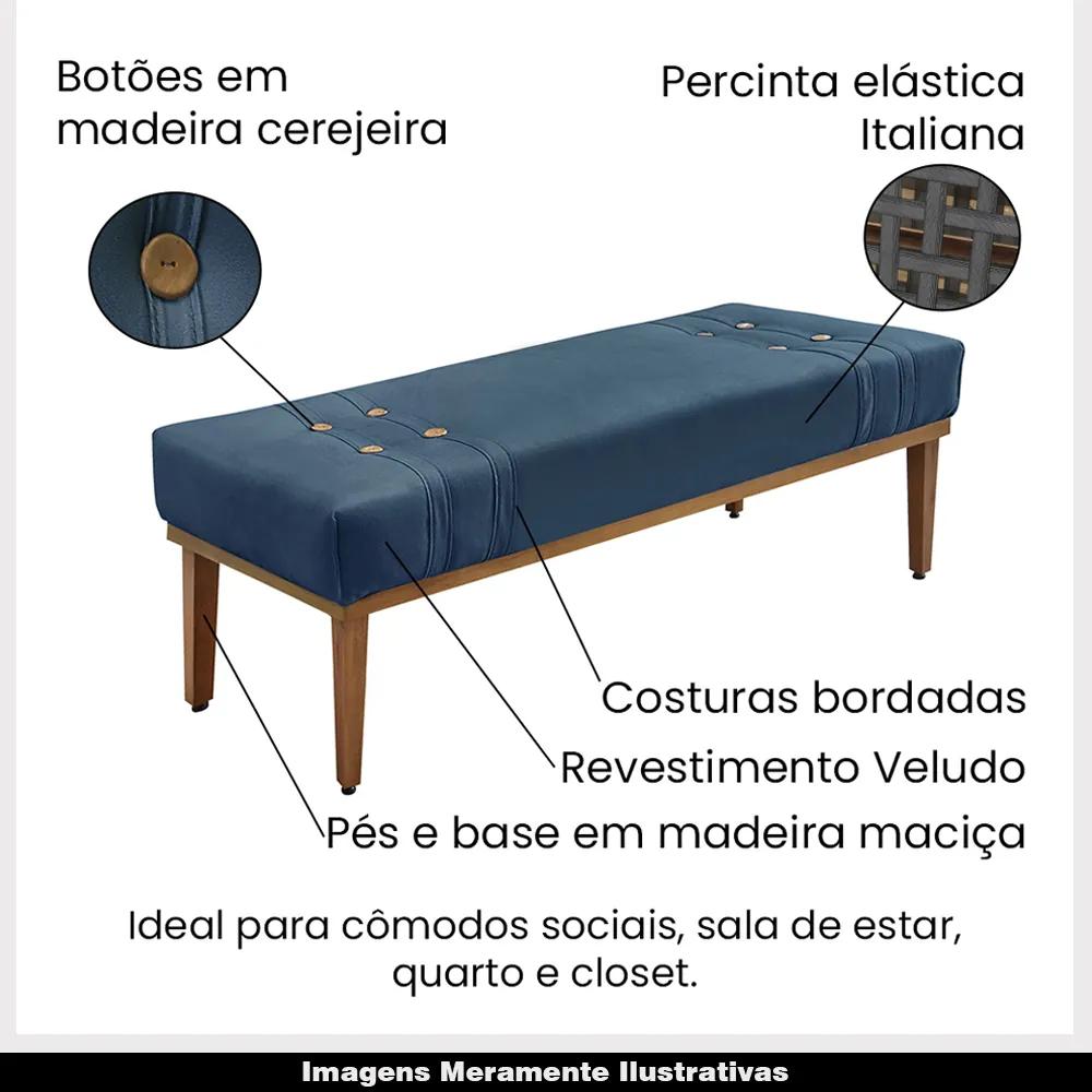 Recamier Decorativo 90cm Kors Veludo Pés de Madeira Azul Marinho G63 - Gran Belo