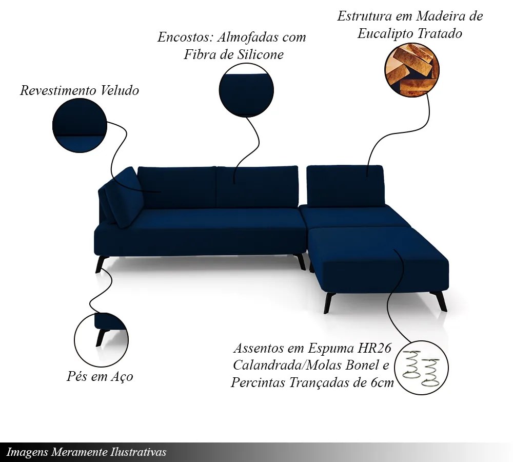 Sofá de Canto Modulado 322cm Sabrina Pés em Aço com Puff Veludo Azul Marinho G52 - Gran Belo